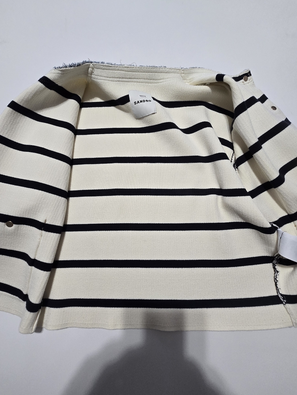 Sandro Stripey Cardigan With Denim Details Knit Crew Neck Long Sleeves Size S - Picture 10 of 13